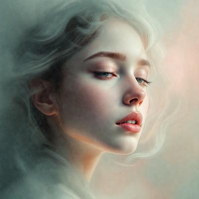 The primary subject of the image is a woman with blonde hair. She is looking at the camera with a pouty expression. The setting is a cloudy background, which adds a dramatic and moody atmosphere to the scene. The visual style is a digital art or illustration, as the woman's features are exaggerated and the overall composition is artistic. The colors in the image are predominantly shades of pink and white, which contribute to the overall mood of the scene.